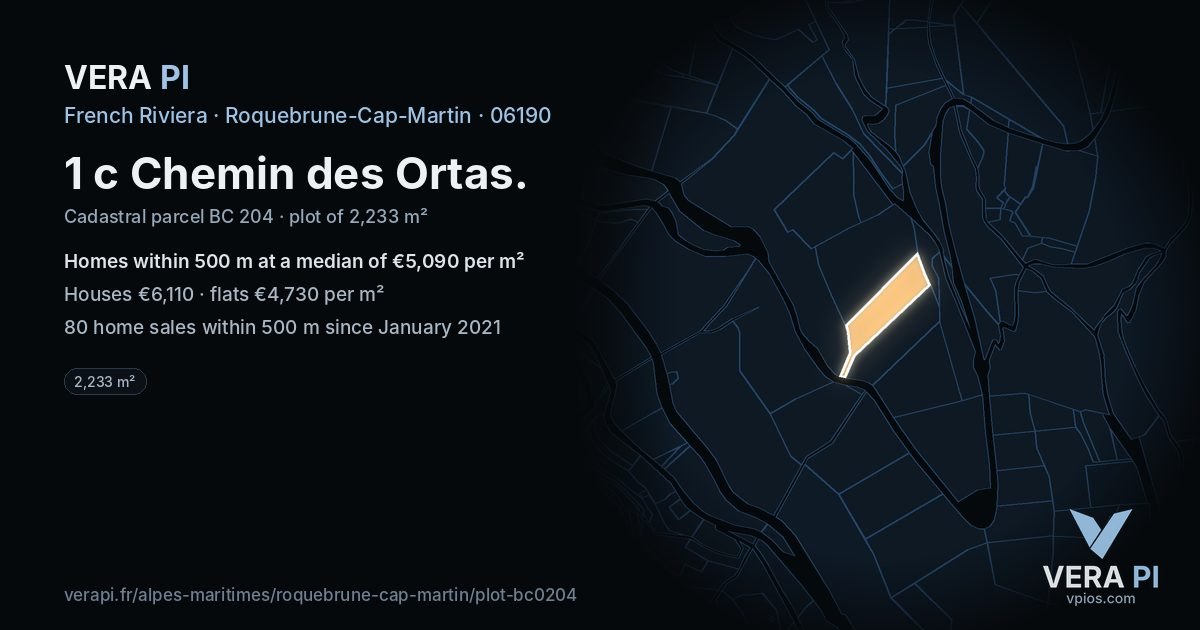1 c Chemin des Ortas, Roquebrune-Cap-Martin at night – the plot lit, the parcels around coloured by the prices near them