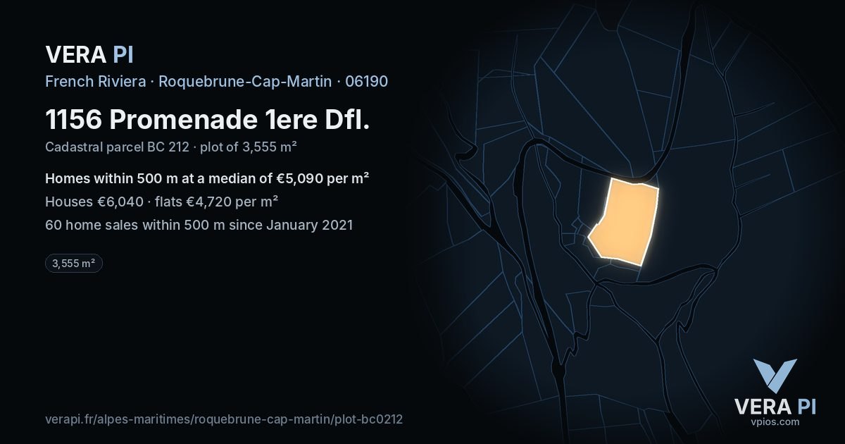 1156 Promenade 1ere Dfl, Roquebrune-Cap-Martin at night – the plot lit, the parcels around coloured by the prices near them