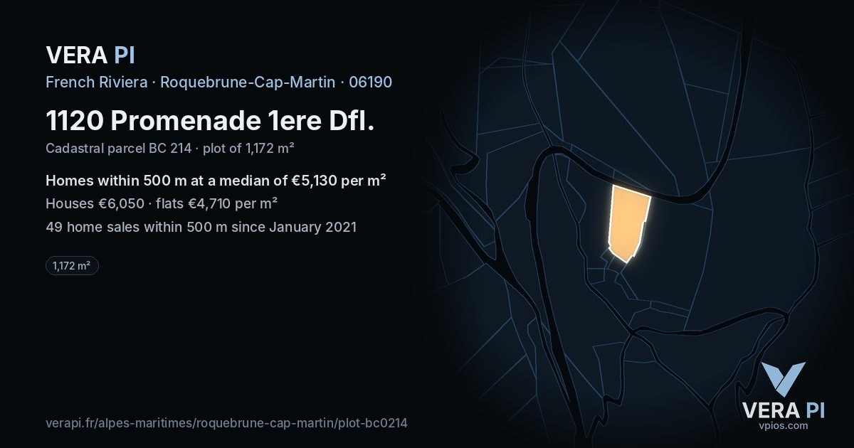 1120 Promenade 1ere Dfl, Roquebrune-Cap-Martin at night – the plot lit, the parcels around coloured by the prices near them