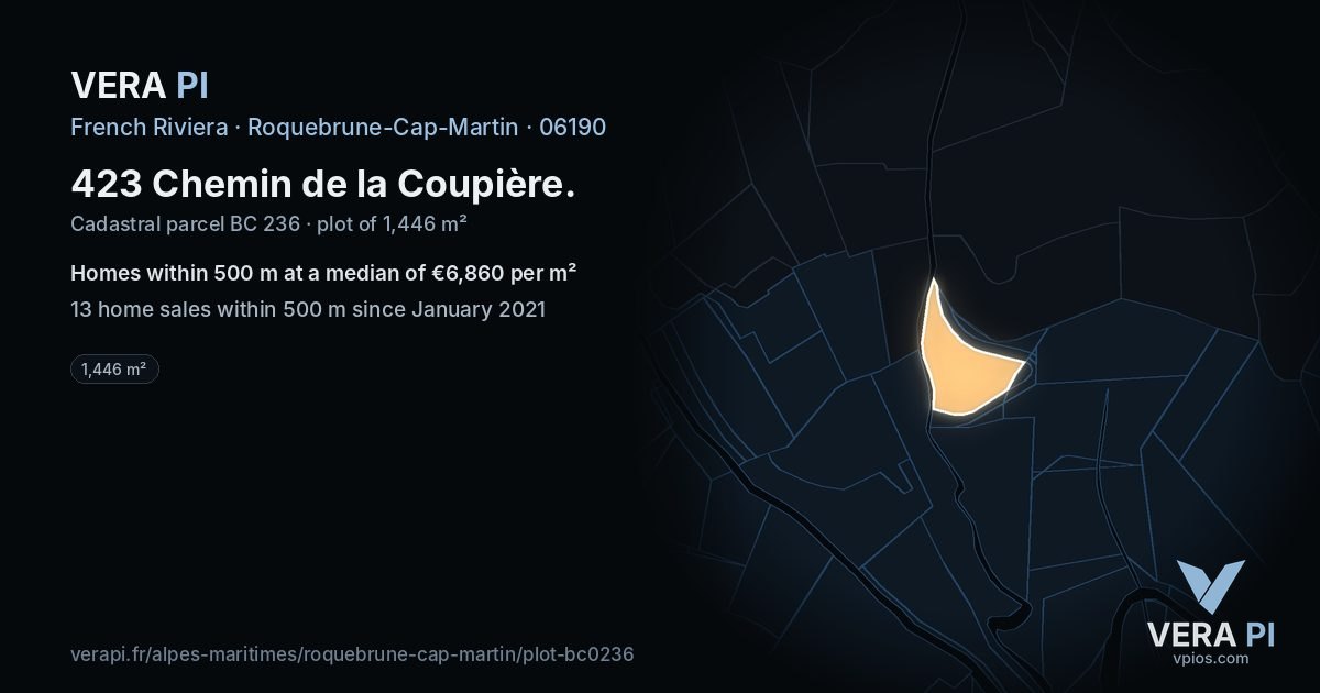 423 Chemin de la Coupière, Roquebrune-Cap-Martin at night – the plot lit, the parcels around coloured by the prices near them