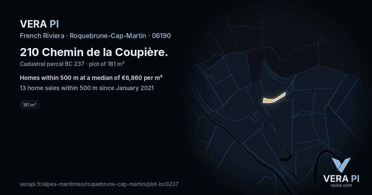 210 Chemin de la Coupière, Roquebrune-Cap-Martin at night – the plot lit, the parcels around coloured by the prices near them