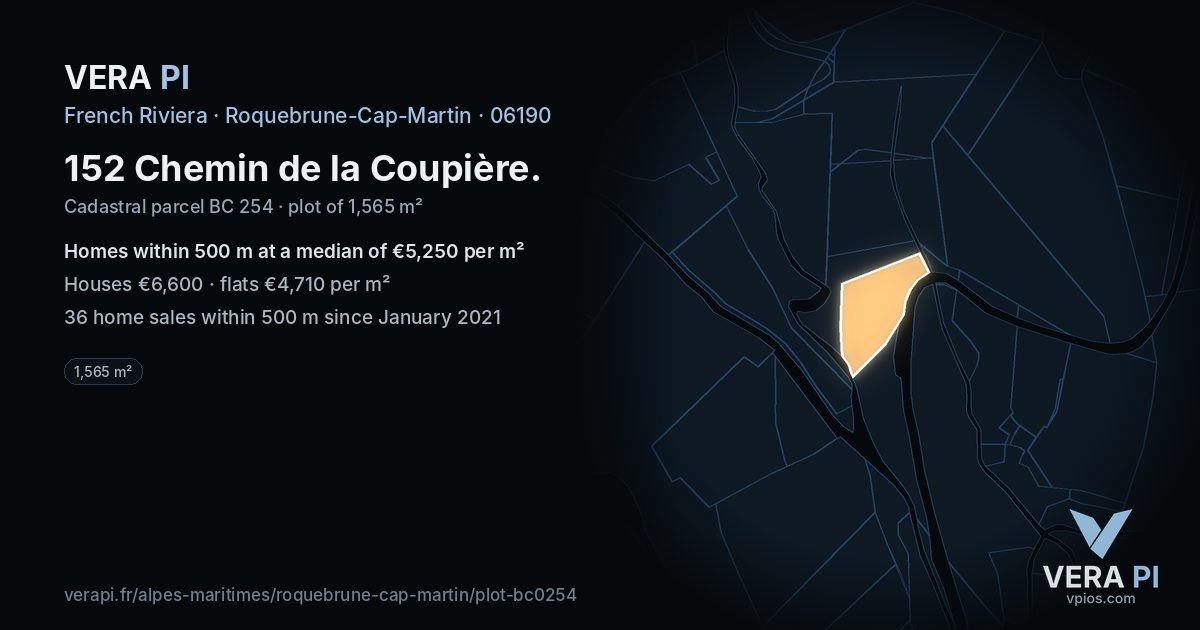 152 Chemin de la Coupière, Roquebrune-Cap-Martin at night – the plot lit, the parcels around coloured by the prices near them