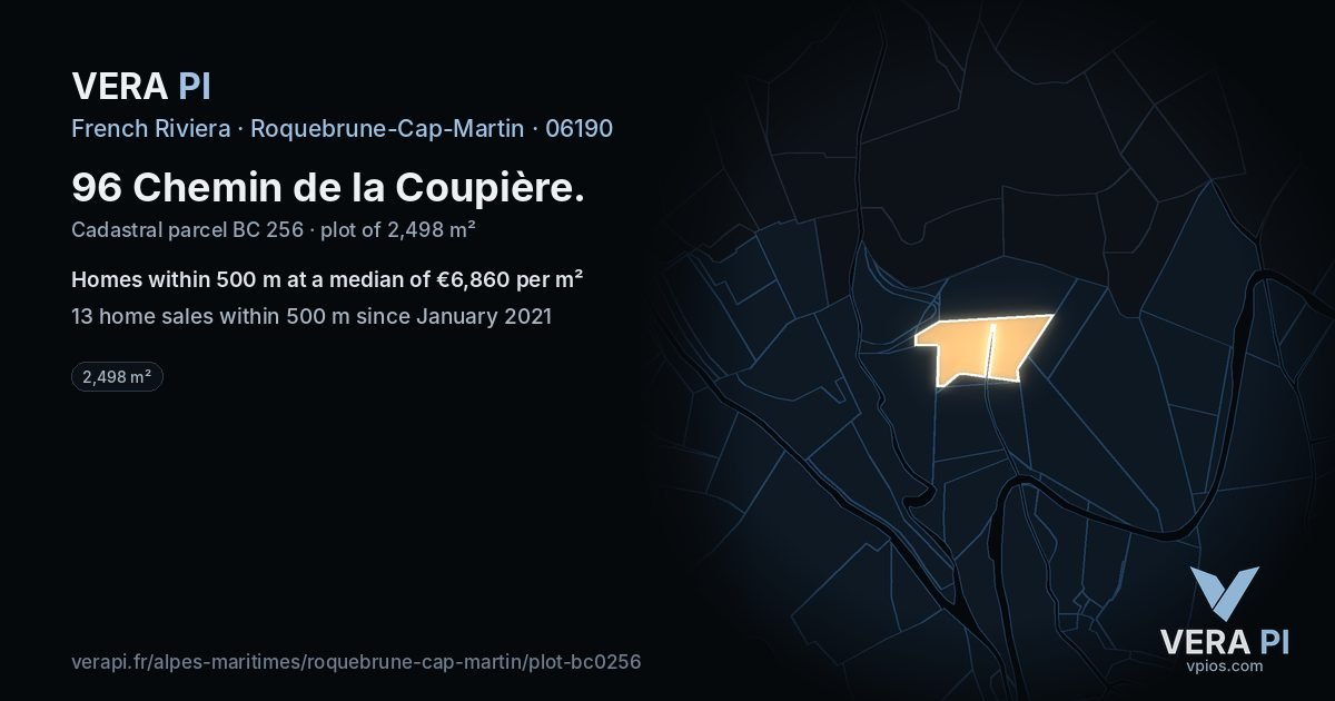 96 Chemin de la Coupière, Roquebrune-Cap-Martin at night – the plot lit, the parcels around coloured by the prices near them