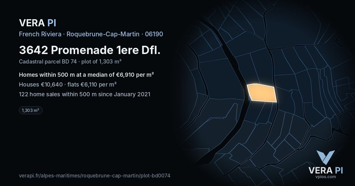 3642 Promenade 1ere Dfl, Roquebrune-Cap-Martin at night – the plot lit, the parcels around coloured by the prices near them