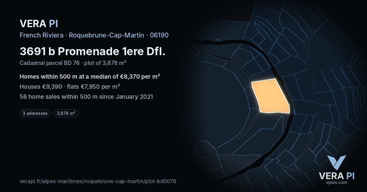3691 b Promenade 1ere Dfl, Roquebrune-Cap-Martin at night – the plot lit, the parcels around coloured by the prices near them