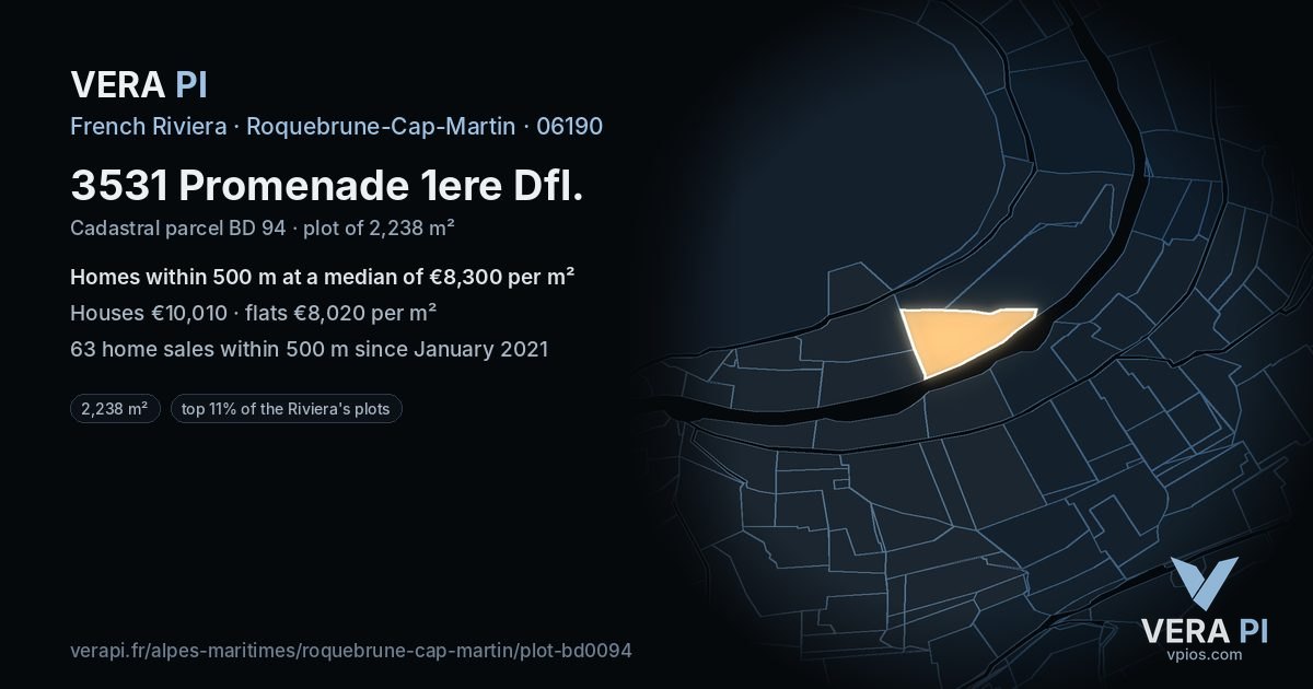 3531 Promenade 1ere Dfl, Roquebrune-Cap-Martin at night – the plot lit, the parcels around coloured by the prices near them