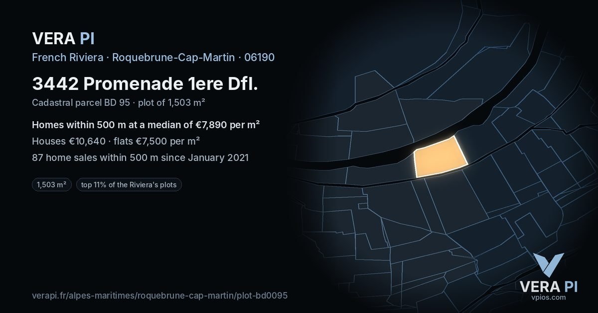 3442 Promenade 1ere Dfl, Roquebrune-Cap-Martin at night – the plot lit, the parcels around coloured by the prices near them