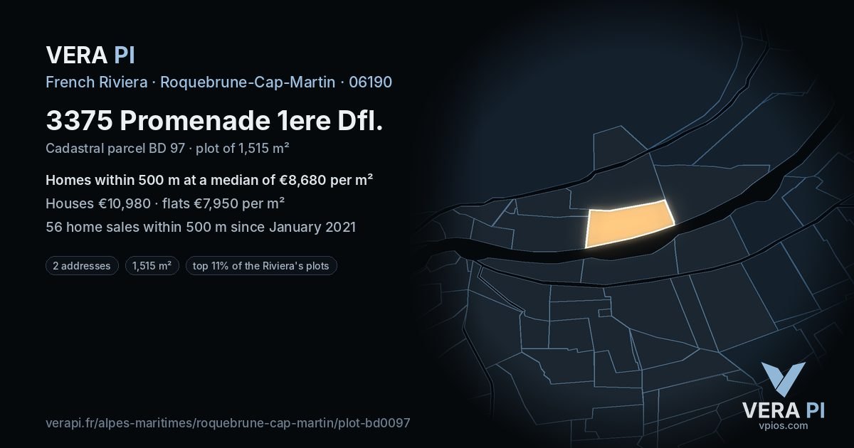3375 Promenade 1ere Dfl, Roquebrune-Cap-Martin at night – the plot lit, the parcels around coloured by the prices near them