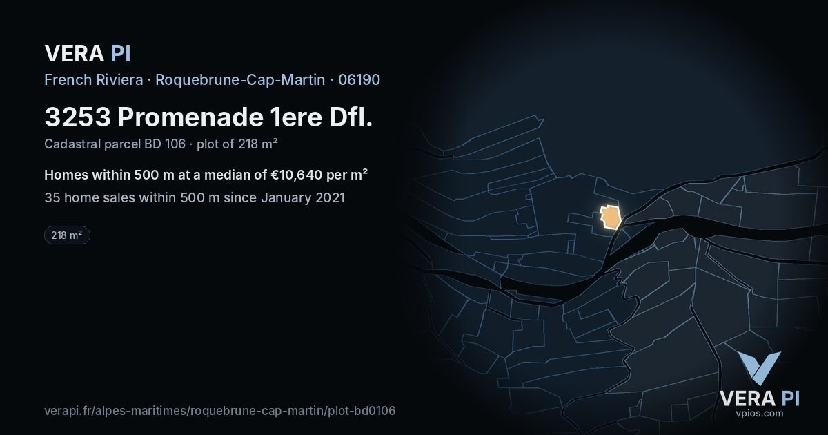 3253 Promenade 1ere Dfl, Roquebrune-Cap-Martin at night – the plot lit, the parcels around coloured by the prices near them
