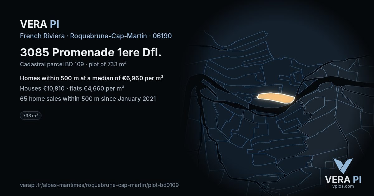 3085 Promenade 1ere Dfl, Roquebrune-Cap-Martin at night – the plot lit, the parcels around coloured by the prices near them
