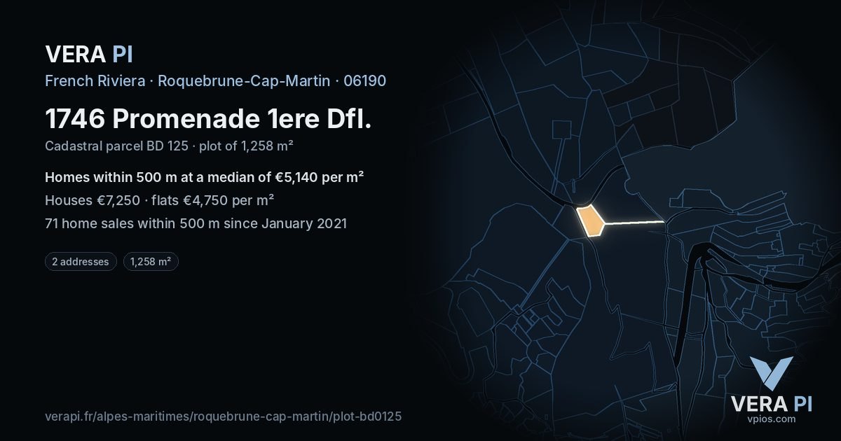 1746 Promenade 1ere Dfl, Roquebrune-Cap-Martin at night – the plot lit, the parcels around coloured by the prices near them