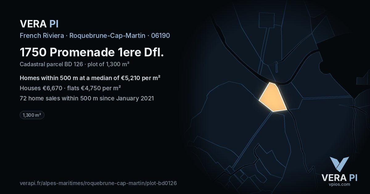 1750 Promenade 1ere Dfl, Roquebrune-Cap-Martin at night – the plot lit, the parcels around coloured by the prices near them