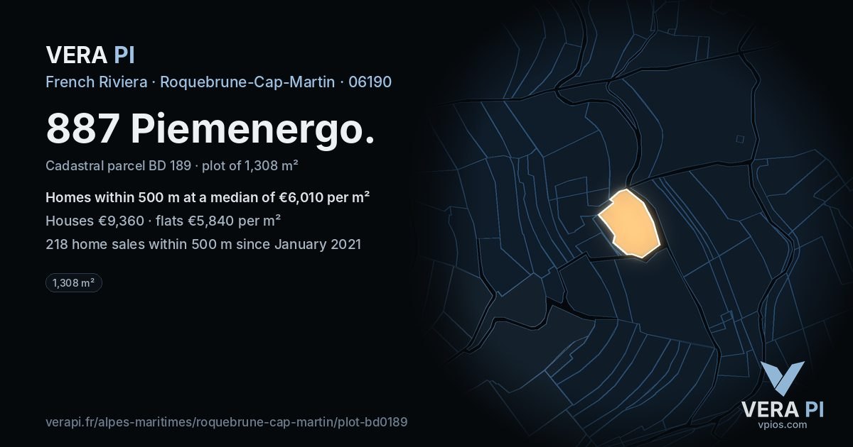 887 Piemenergo, Roquebrune-Cap-Martin at night – the plot lit, the parcels around coloured by the prices near them