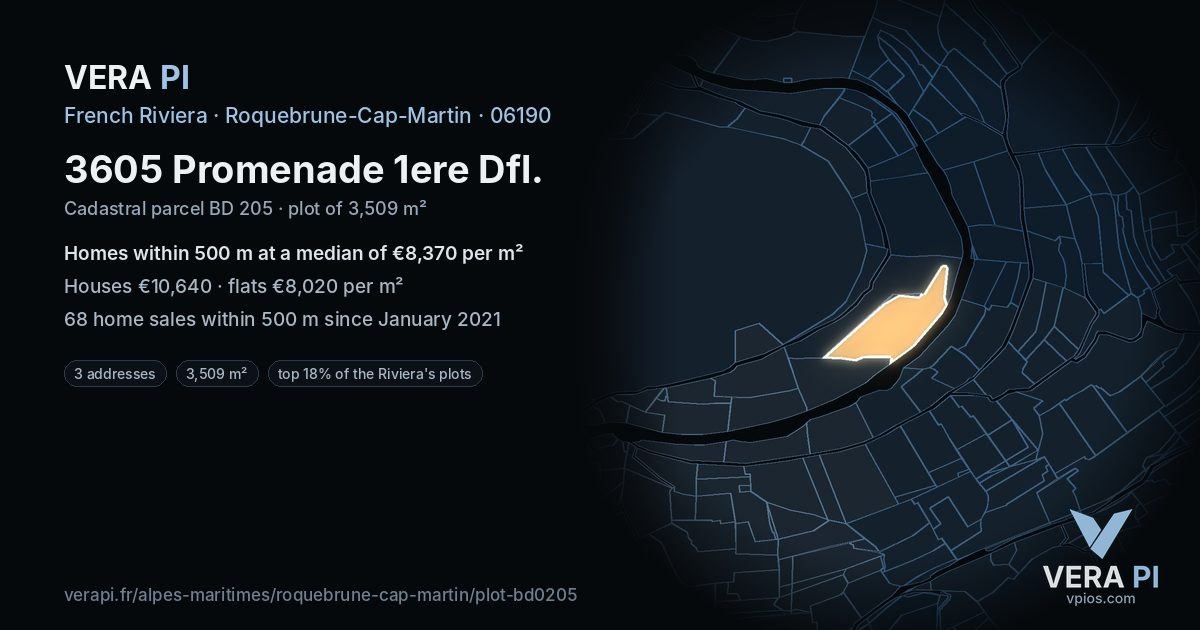 3605 Promenade 1ere Dfl, Roquebrune-Cap-Martin at night – the plot lit, the parcels around coloured by the prices near them