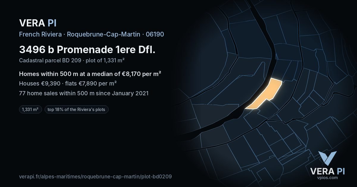 3496 b Promenade 1ere Dfl, Roquebrune-Cap-Martin at night – the plot lit, the parcels around coloured by the prices near them
