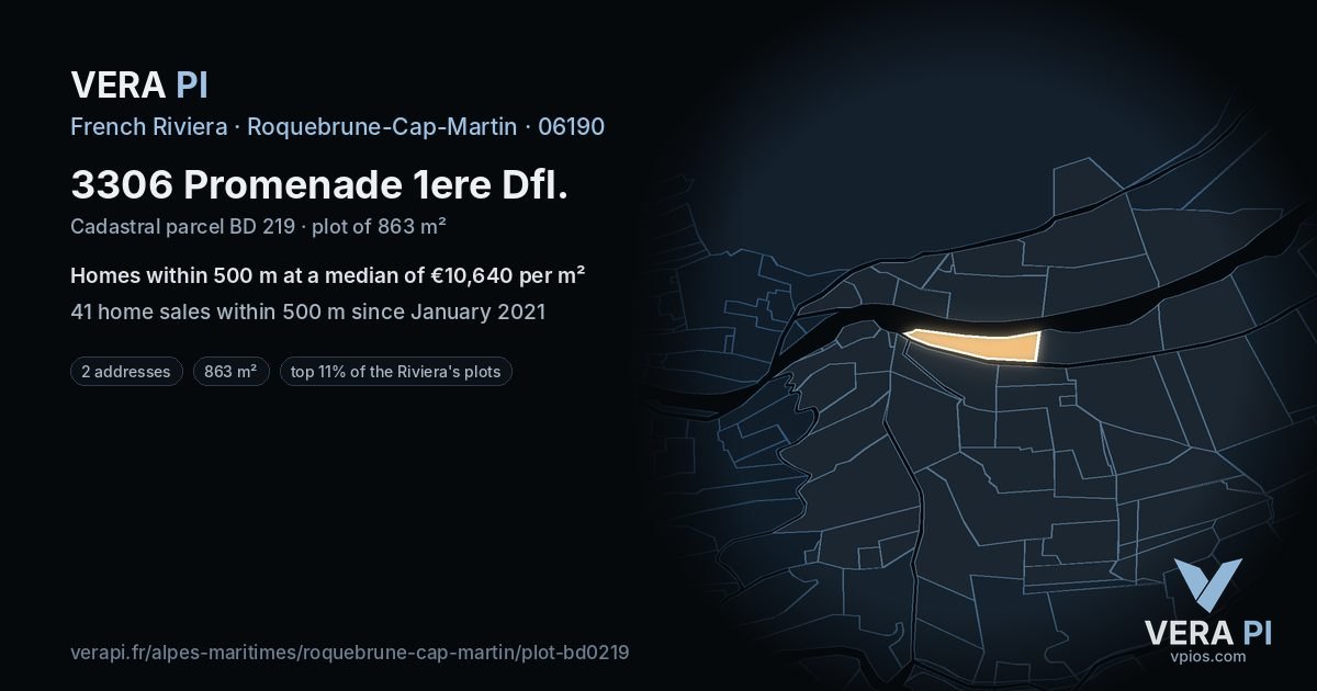 3306 Promenade 1ere Dfl, Roquebrune-Cap-Martin at night – the plot lit, the parcels around coloured by the prices near them
