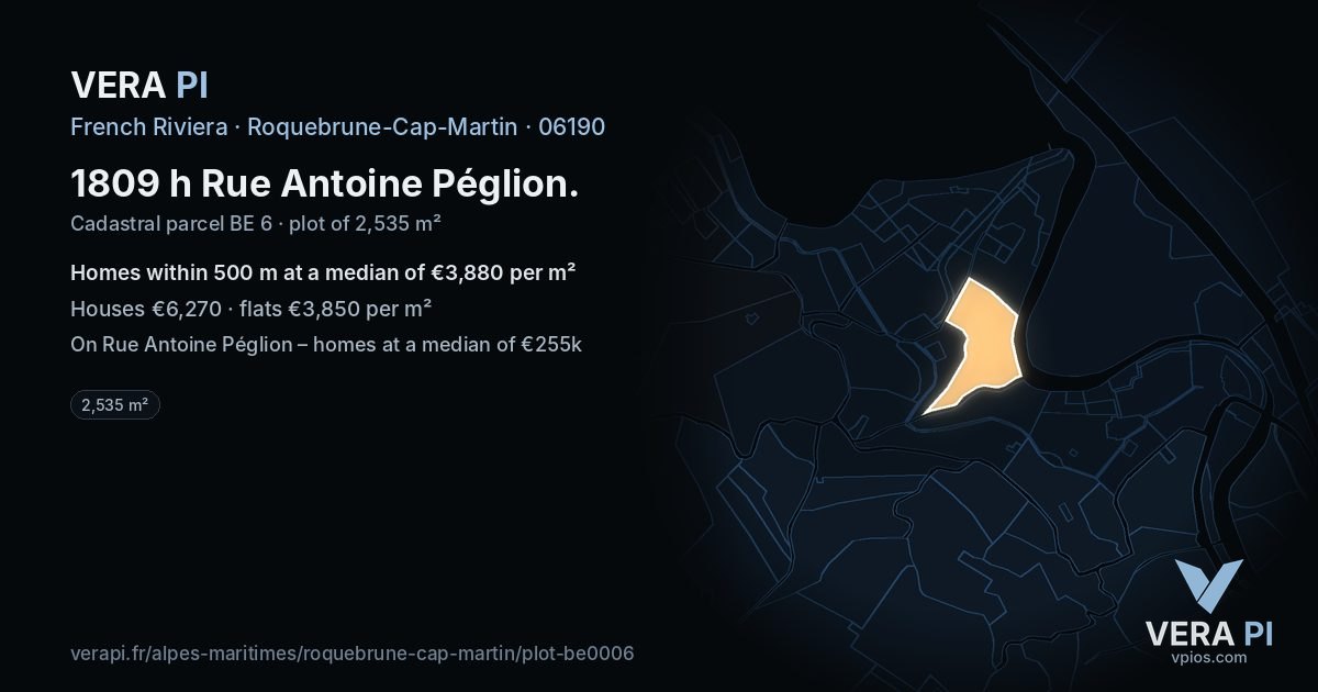 1809 h Rue Antoine Péglion, Roquebrune-Cap-Martin at night – the plot lit, the parcels around coloured by the prices near them