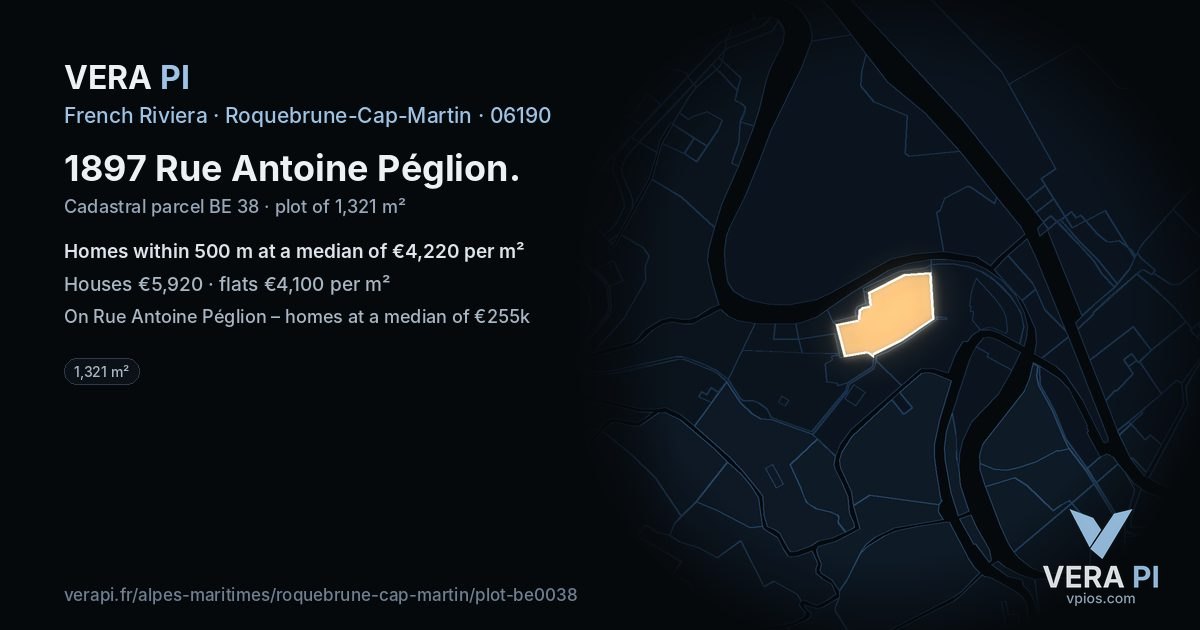 1897 Rue Antoine Péglion, Roquebrune-Cap-Martin at night – the plot lit, the parcels around coloured by the prices near them