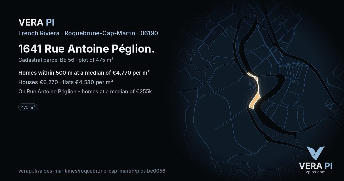 1641 Rue Antoine Péglion, Roquebrune-Cap-Martin at night – the plot lit, the parcels around coloured by the prices near them