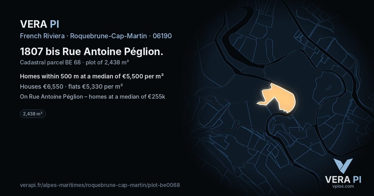 1807 bis Rue Antoine Péglion, Roquebrune-Cap-Martin at night – the plot lit, the parcels around coloured by the prices near them