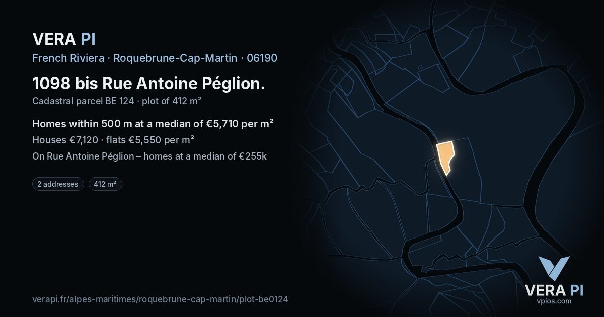 1098 bis Rue Antoine Péglion, Roquebrune-Cap-Martin at night – the plot lit, the parcels around coloured by the prices near them