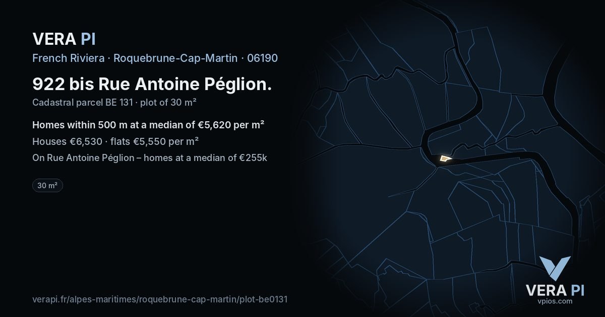 922 bis Rue Antoine Péglion, Roquebrune-Cap-Martin at night – the plot lit, the parcels around coloured by the prices near them