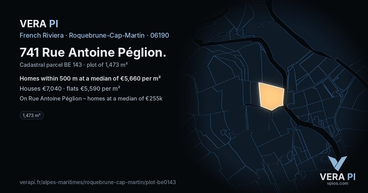 741 Rue Antoine Péglion, Roquebrune-Cap-Martin at night – the plot lit, the parcels around coloured by the prices near them
