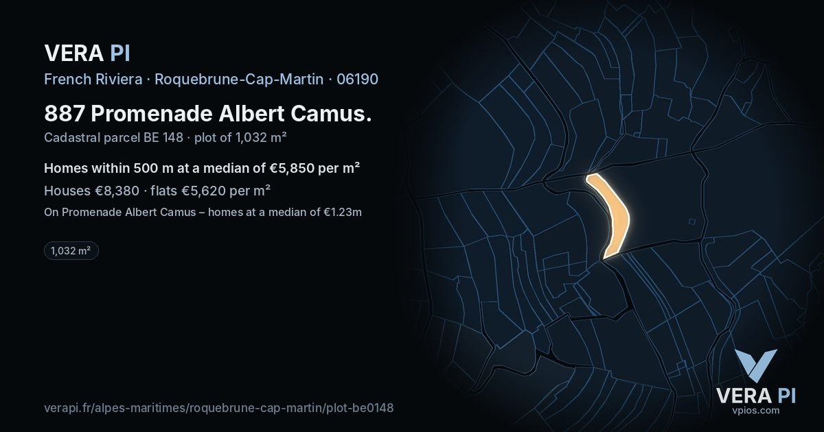 887 Promenade Albert Camus, Roquebrune-Cap-Martin at night – the plot lit, the parcels around coloured by the prices near them