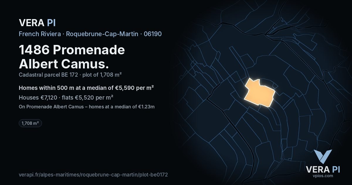 1486 Promenade Albert Camus, Roquebrune-Cap-Martin at night – the plot lit, the parcels around coloured by the prices near them