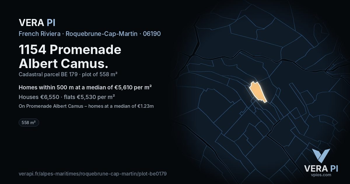 1154 Promenade Albert Camus, Roquebrune-Cap-Martin at night – the plot lit, the parcels around coloured by the prices near them