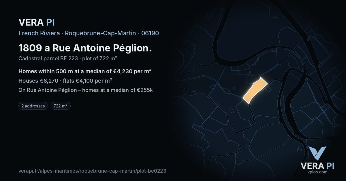 1809 a Rue Antoine Péglion, Roquebrune-Cap-Martin at night – the plot lit, the parcels around coloured by the prices near them