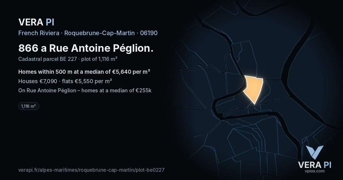 866 a Rue Antoine Péglion, Roquebrune-Cap-Martin at night – the plot lit, the parcels around coloured by the prices near them