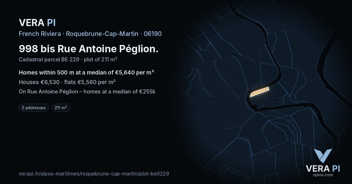 998 bis Rue Antoine Péglion, Roquebrune-Cap-Martin at night – the plot lit, the parcels around coloured by the prices near them