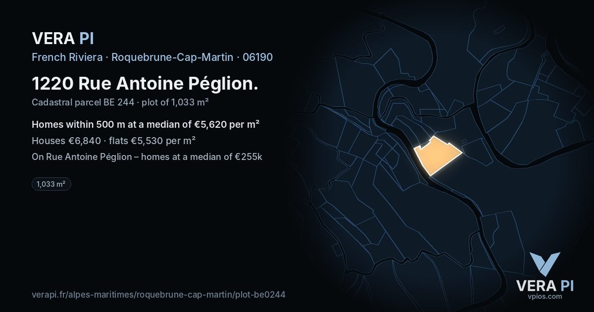 1220 Rue Antoine Péglion, Roquebrune-Cap-Martin at night – the plot lit, the parcels around coloured by the prices near them