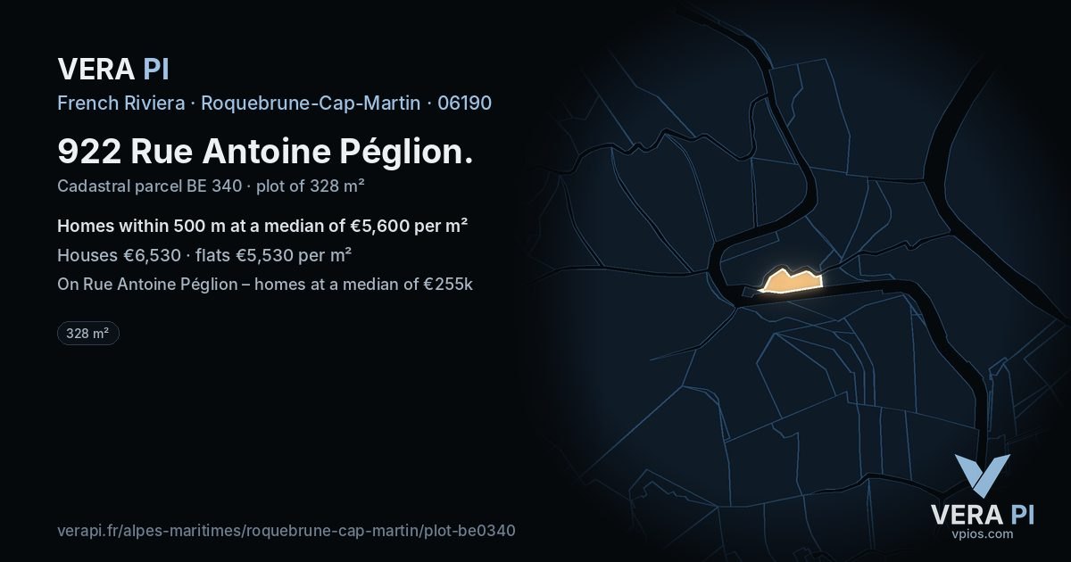 922 Rue Antoine Péglion, Roquebrune-Cap-Martin at night – the plot lit, the parcels around coloured by the prices near them