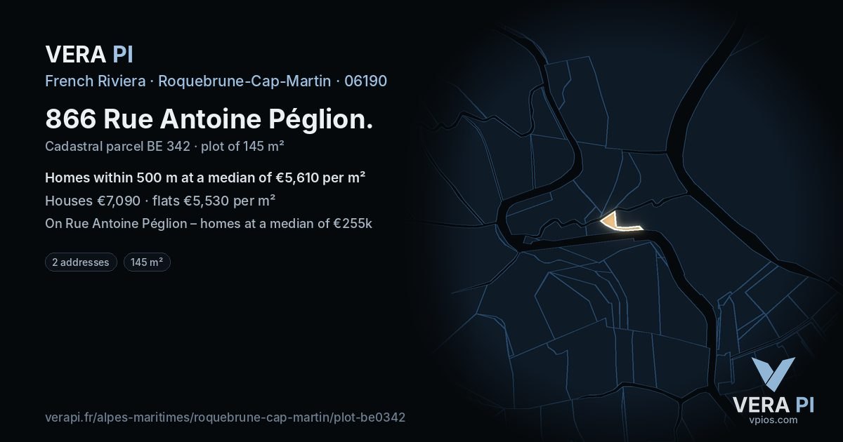 866 Rue Antoine Péglion, Roquebrune-Cap-Martin at night – the plot lit, the parcels around coloured by the prices near them
