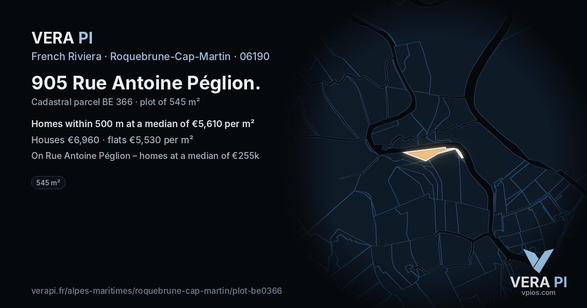 905 Rue Antoine Péglion, Roquebrune-Cap-Martin at night – the plot lit, the parcels around coloured by the prices near them