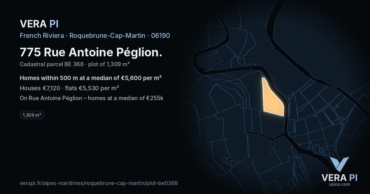 775 Rue Antoine Péglion, Roquebrune-Cap-Martin at night – the plot lit, the parcels around coloured by the prices near them