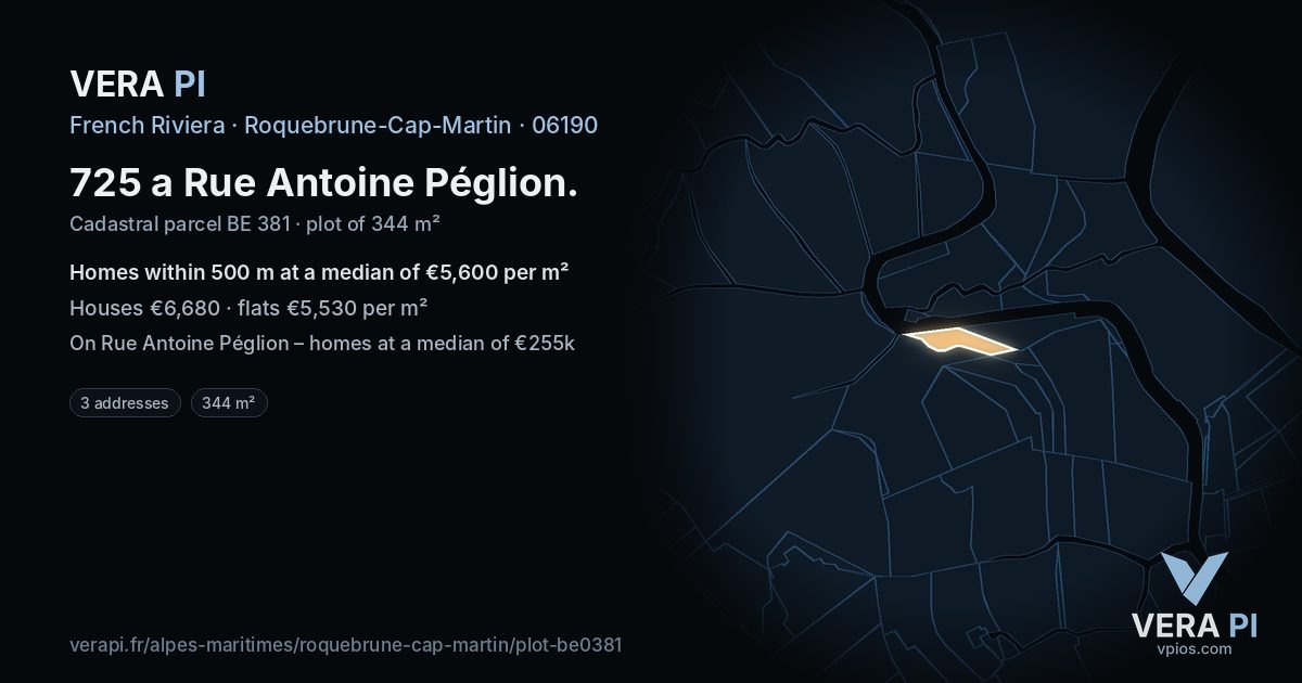 725 a Rue Antoine Péglion, Roquebrune-Cap-Martin at night – the plot lit, the parcels around coloured by the prices near them