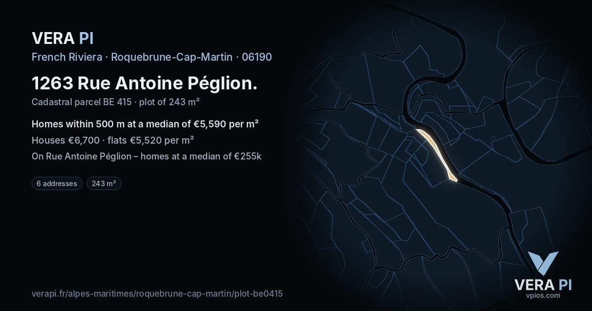 1263 Rue Antoine Péglion, Roquebrune-Cap-Martin at night – the plot lit, the parcels around coloured by the prices near them