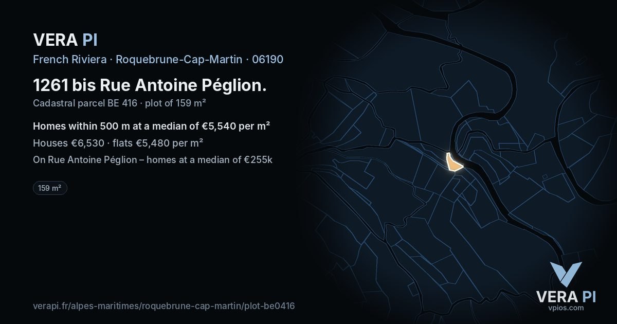 1261 bis Rue Antoine Péglion, Roquebrune-Cap-Martin at night – the plot lit, the parcels around coloured by the prices near them