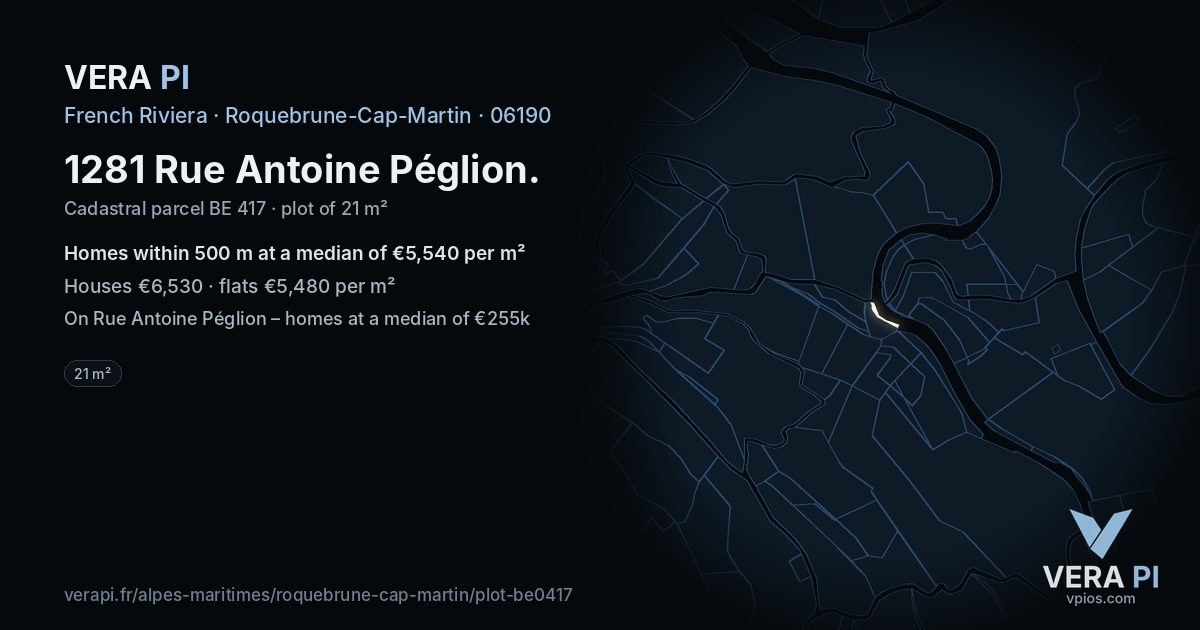 1281 Rue Antoine Péglion, Roquebrune-Cap-Martin at night – the plot lit, the parcels around coloured by the prices near them