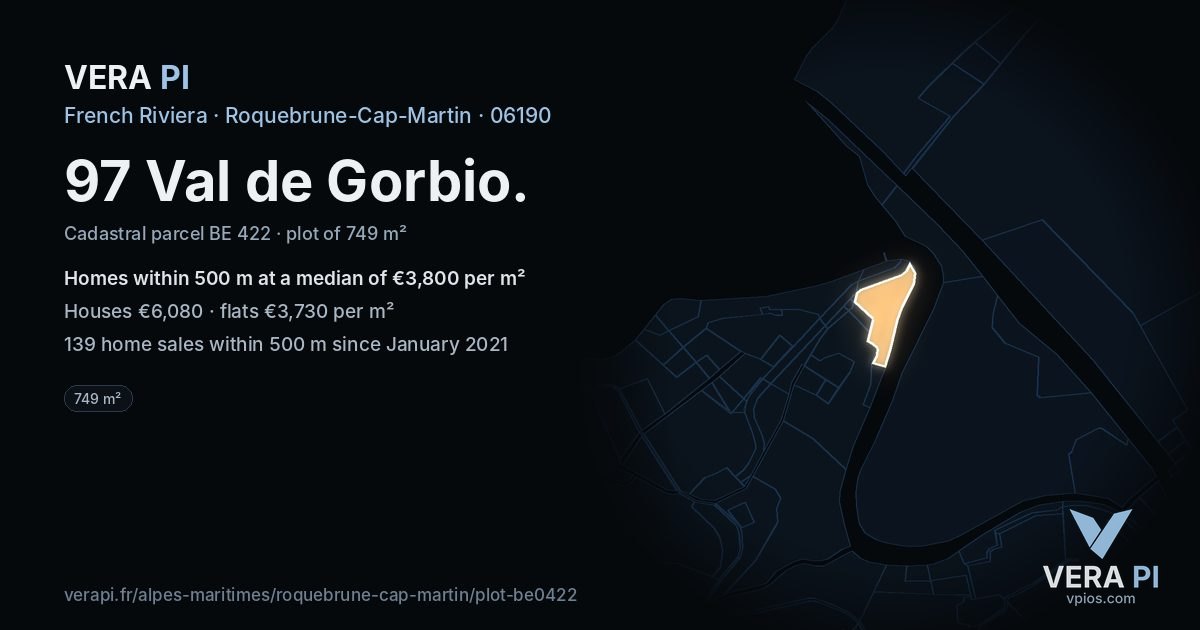 97 Val de Gorbio, Roquebrune-Cap-Martin at night – the plot lit, the parcels around coloured by the prices near them