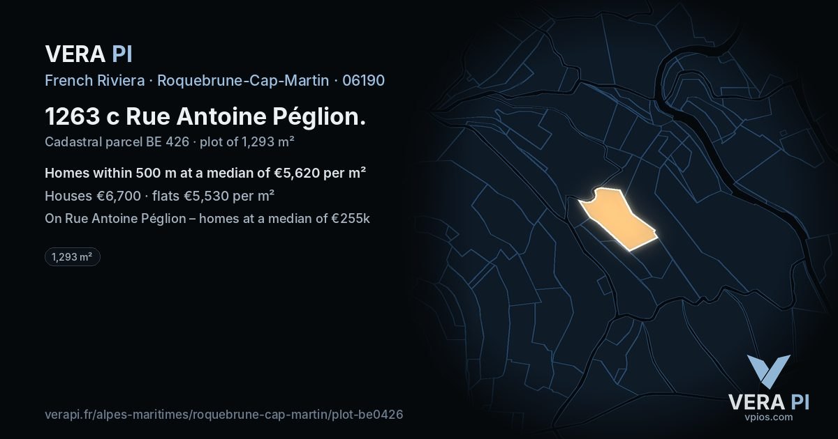 1263 c Rue Antoine Péglion, Roquebrune-Cap-Martin at night – the plot lit, the parcels around coloured by the prices near them
