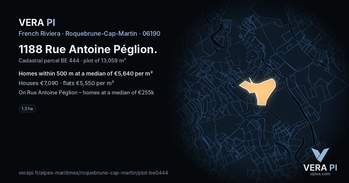 1188 Rue Antoine Péglion, Roquebrune-Cap-Martin at night – the plot lit, the parcels around coloured by the prices near them