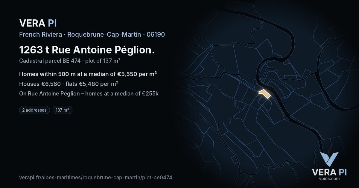 1263 t Rue Antoine Péglion, Roquebrune-Cap-Martin at night – the plot lit, the parcels around coloured by the prices near them