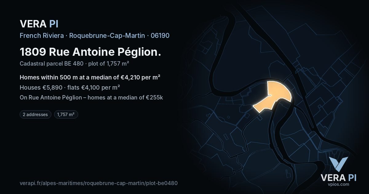 1809 Rue Antoine Péglion, Roquebrune-Cap-Martin at night – the plot lit, the parcels around coloured by the prices near them