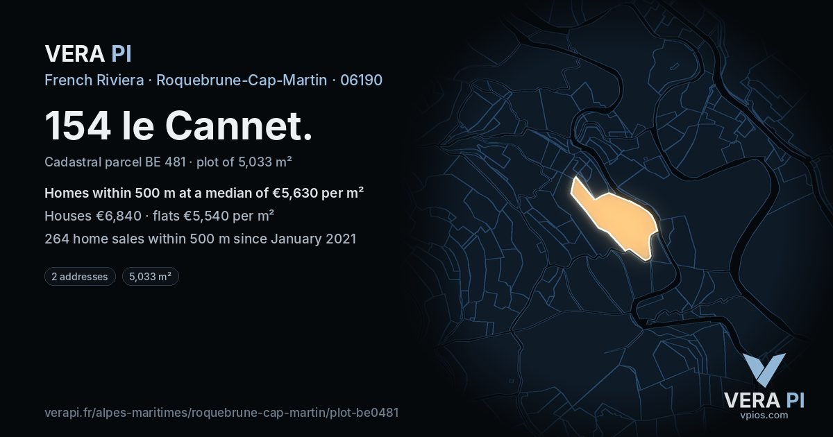 154 le Cannet, Roquebrune-Cap-Martin at night – the plot lit, the parcels around coloured by the prices near them