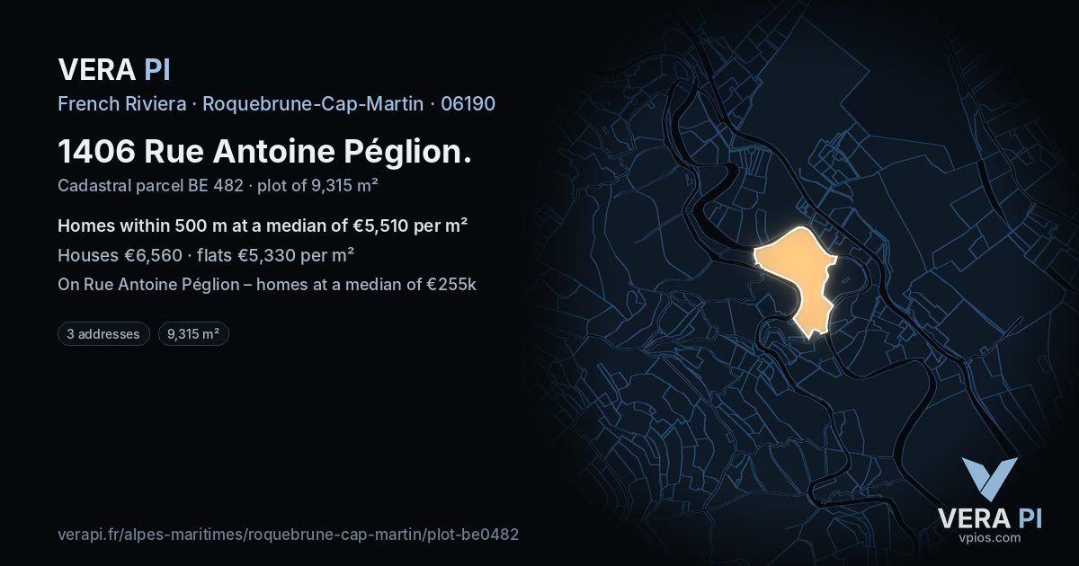 1406 Rue Antoine Péglion, Roquebrune-Cap-Martin at night – the plot lit, the parcels around coloured by the prices near them