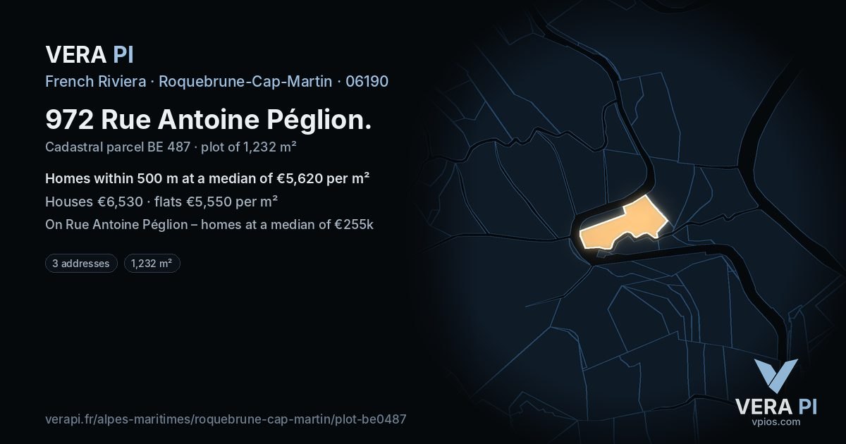 972 Rue Antoine Péglion, Roquebrune-Cap-Martin at night – the plot lit, the parcels around coloured by the prices near them